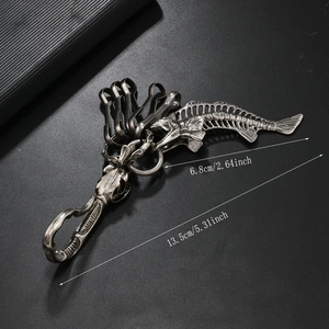 Retro metal skeleton fish bone keychain with skull pendant for Halloween accessories