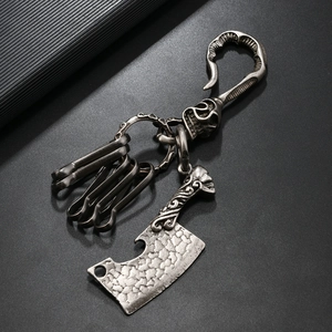Vintage punk silver alloy skull keychain with bottle opener cleaver pendant accessory