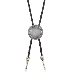 Vintage Bolo Tie featuring a grey acrylic gemstone and black braided leather necklace
