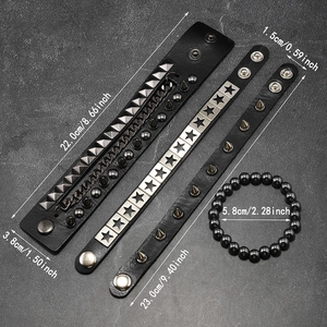Detailed view of 4-piece punk leather bracelet set with metal studs and sizing info