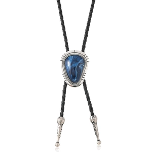 Vintage Western Bolo Tie With Blue Green Faux Marble Resin Stone Alloy Flower Base Black Braided Leather Rope Necklace