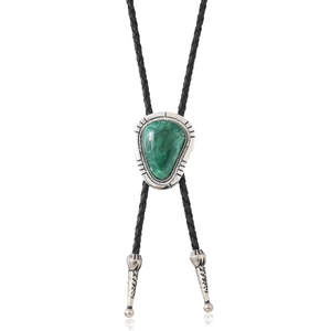 Western style bolo tie with green malachite stone and engraved silver metal details