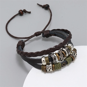 Handmade multilayer leather bracelet for men featuring retro metal cross and beads
