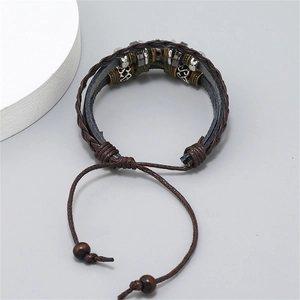 Handmade multi-layer braided cowhide leather bracelet with metallic beads and adjustable cord