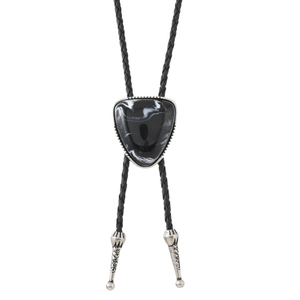 Vintage Bolo Tie mit schwarzem Kunstmarmorstein und silbernen floralen Metallelementen
