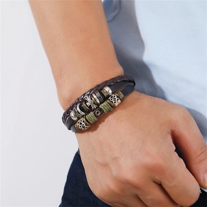 Men's multilayer leather beaded bracelet with cross pendant and vintage metal accents