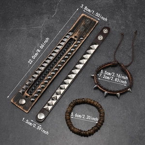 Detailed view of 4-piece punk bracelet set with leather rivets and wooden beads
