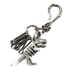 Retro T-Rex skeleton dinosaur pendant keychain with skull embossed hook in antique silver finish
