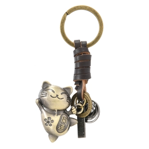 Vintage Lucky Cat Leather Keychain Top Grain Cowhide Antique Bronze Alloy Maneki-Neko Keyring For Men Women Gift Jewelry