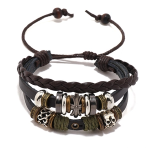 Men Retro Multi-layer Cowhide Leather Bracelet Adjustable Braided Rope With Cross Pendant Metal Beads Punk Jewelry