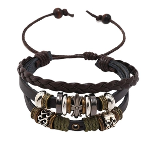 Retro multilayer leather beaded bracelet with metal cross and skull charms for men