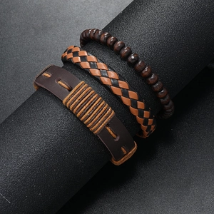 Men's retro 3-piece multilayer braided leather and dark wood bead bracelet set