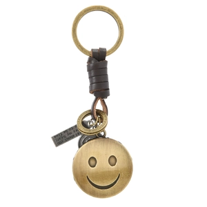 Vintage Braunes Ledergeflecht Schlüsselanhänger Bronze Legierung Smiley Gesicht Gravierter Anhänger Für Damen Herren Mode Geschenk