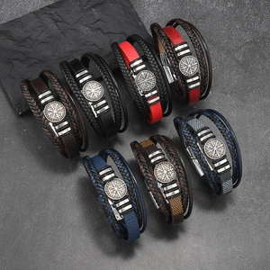 Men Punk Multilayer Braided Leather Bracelet With Nordic Compass Vegvisir Charm Alloy Stainless Steel Viking Wristband Jewelry Gift