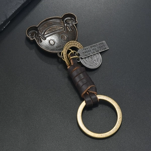 Dettaglio del ciondolo vintage in bronzo e del cinturino in pelle intrecciata sul portachiavi