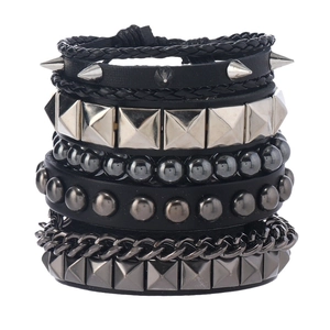Men's Punk Multi-layer Leather Bracelet Set Alloy Rivet Chain Skull Hematite Beads Gothic Rock Wristband Jewelry Accessory