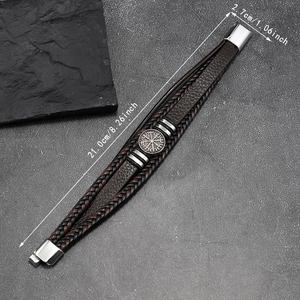 Detailed view of multilayer leather bracelet with Viking Vegvisir compass and size specs