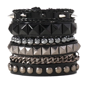 Multi-layer punk style chain bracelet for men with metal rivets and black woven leather