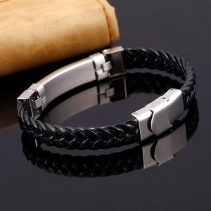 Men's black braided leather bracelet with brushed stainless steel clasp and accents