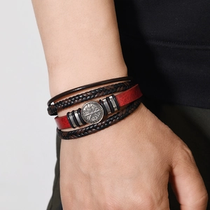 Men's vintage Viking leather bracelet with multi-layer braided straps and Vegvisir compass