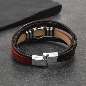 Detail of multi-layer PU leather bracelet for men with polished stainless steel buckle