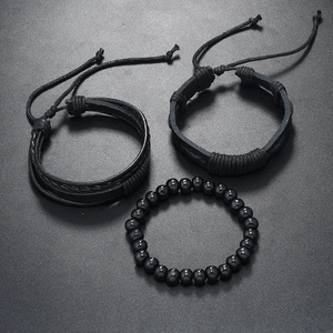 Three-piece black layered men's braided leather and bead bracelet set in vintage punk style