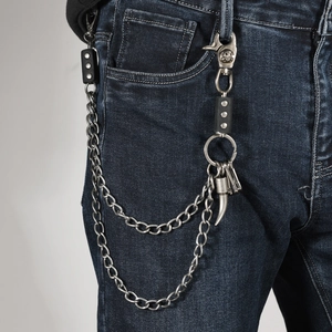 Punk style double layered silver metal wallet chain with leather rivet and horn pendant