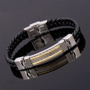 Men's leather braided bracelet with gold steel wire and stainless steel H-link buckle