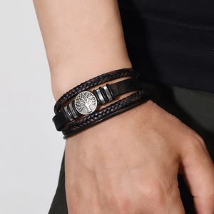 Men's multilayer leather bracelet with silver tree of life charm and woven straps