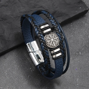 Men's punk leather braided bracelet featuring a vintage silver Viking compass symbol
