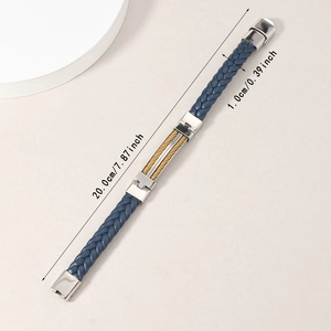 Detail view of navy braided leather men's bracelet with size dimensions 20cm and 1cm width