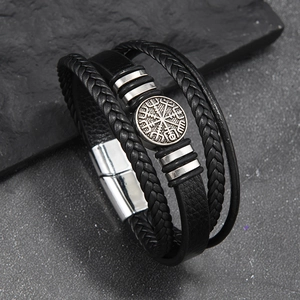 Men's Viking Vegvisir compass leather bracelet with braided strands and magnetic clasp