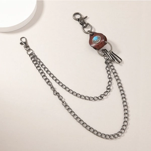 Retro hip-hop double-layer trousers chain with faux turquoise and brown leather inlay