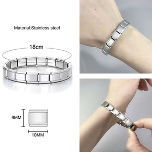 Macro detail of elastic stainless steel modular link bracelet showing 10mm width measurement