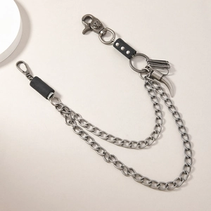 Double-layered punk street style waist chain with horn pendant and skull buckle