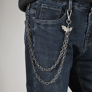 Chaîne de pantalon double couche argentée avec pendentif chauve-souris gothique
