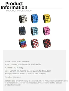 Detailed grid showing punk PU leather bracelets with square rivets in various colors