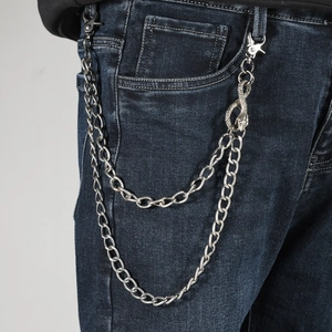 Chaîne de pantalon double couche en métal argenté style hip hop avec décor tête de serpent