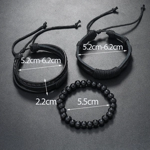 Detail of multi-layer woven black leather bracelets and beads with size measurements
