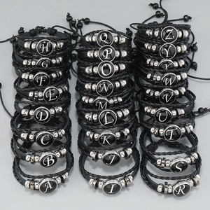 Black leather multilayer bracelet set with 26 English letter beads A-Z in punk style