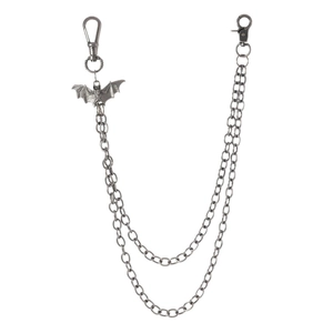 Chaîne de pantalon double couche argentée avec pendentif chauve-souris style punk