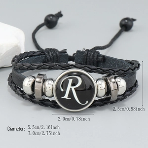 Multilayer braided leather bracelet with letter R charm and size dimensions