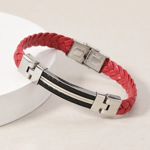 Detail of red braided leather men's bracelet with stainless steel clasp and black cable inlay