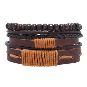 Vintage Handmade Multi-layer Bracelet Set For Men PU Leather Wood Beads Woven Wax Rope Bohemian Adjustable Jewelry Bracelet