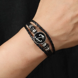 Handmade multilayer black leather bracelet with silver beads and letter Z glass charm