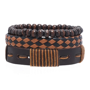 Men's multilayer leather bracelet set with brown wood beads and vintage braided cords