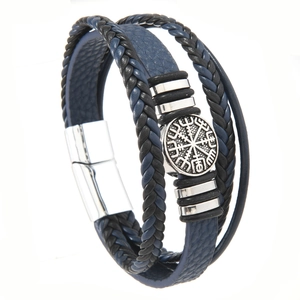 Mens multi-layer braided leather bracelet with Viking compass charm and magnetic buckle