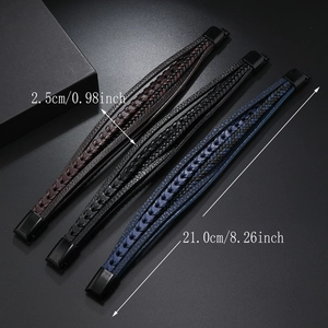 Detail view of multi-layer leather bracelets with size specs 2.5cm width and 21cm length