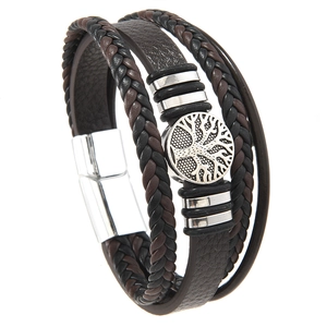 Vintage Multi Layer Braided PU Leather Bracelet For Men Tree Of Life Charm Bohemian Casual Magnetic Clasp Wristband Jewelry