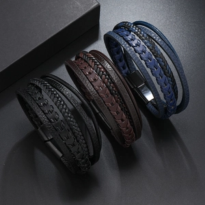 Men Vintage Multi-Layer Braided Leather Bracelet With Stainless Steel Magnetic Clasp Handwoven Casual Jewelry Bangle Wristband